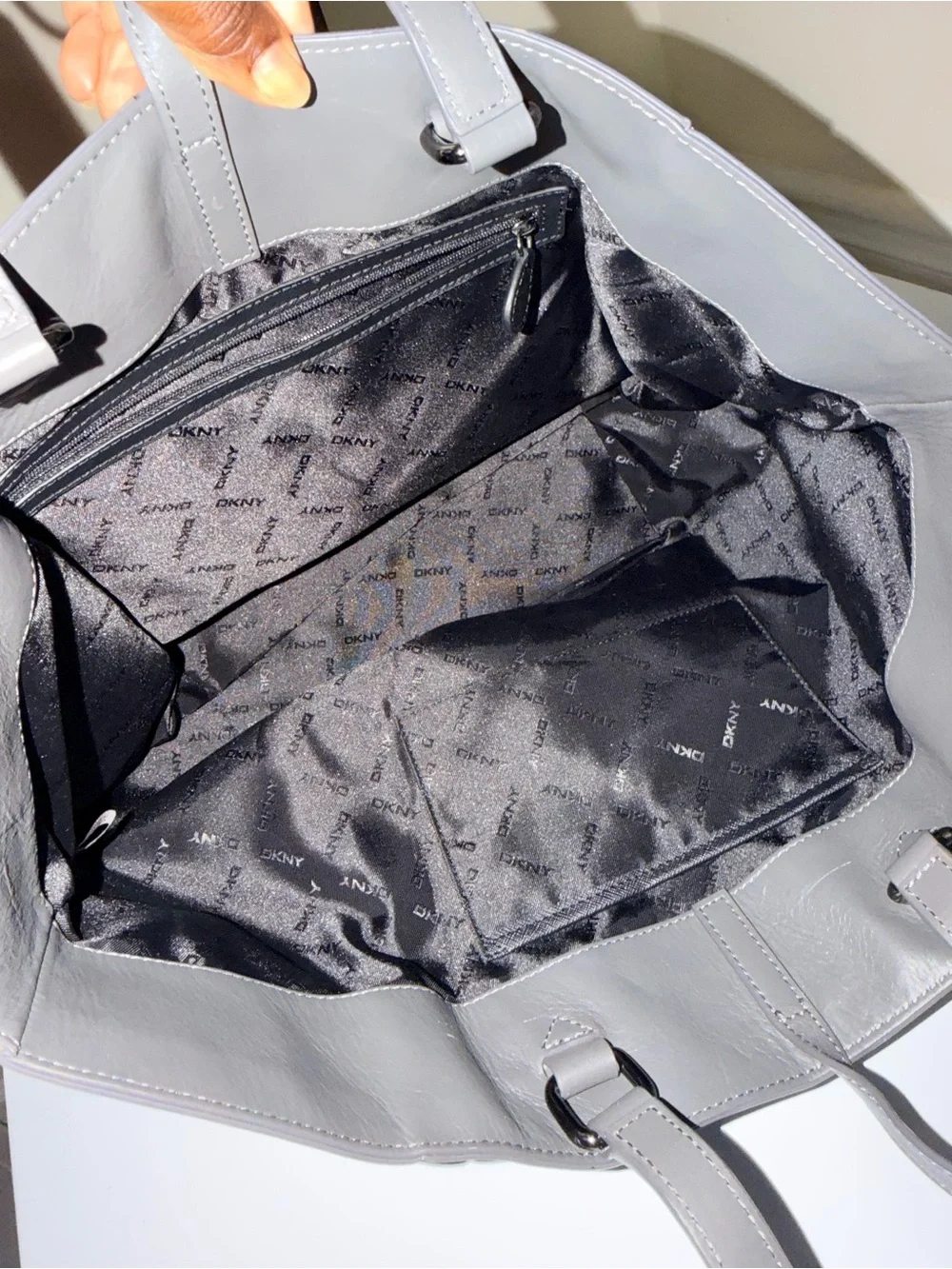 DKNY Gray Leather Tote with Studded Strap Accent